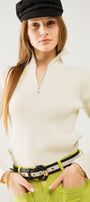 Cream Ribbed Fitted Sweater With Zip Closure