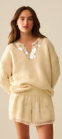 Cream V-Neck Sweater With Sequin Detail
