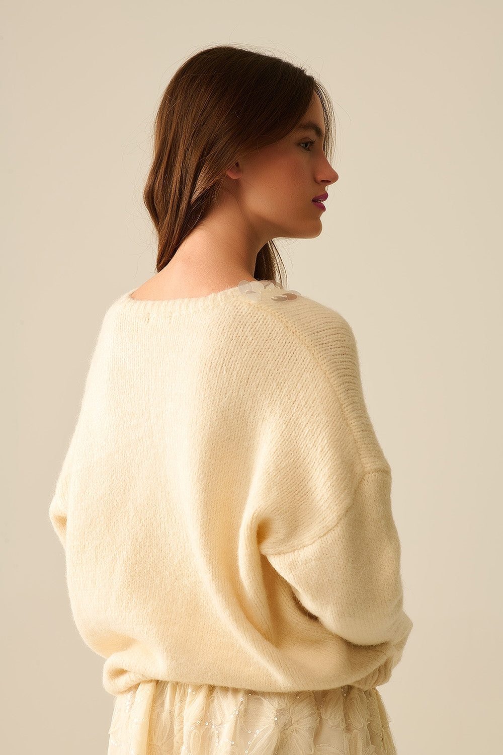 Cream V-Neck Sweater With Sequin Detail