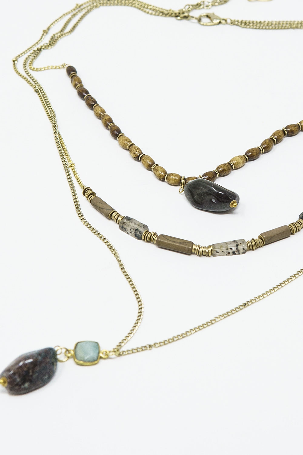 Ethnic 3 in 1 Necklace With Large Stones and Natural Beads