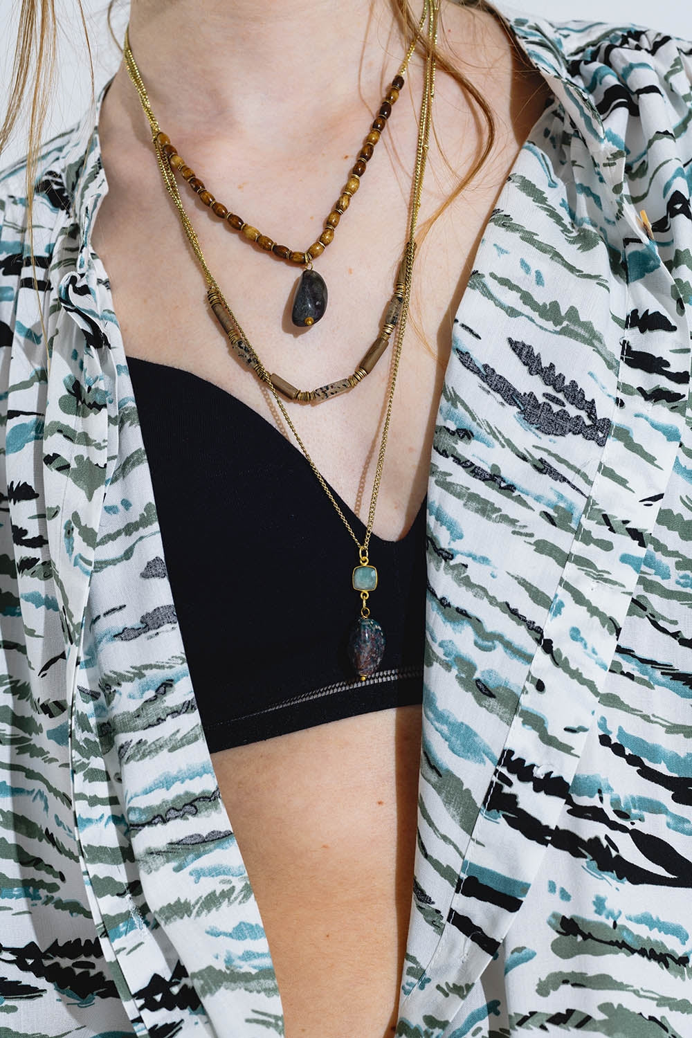 Ethnic 3 in 1 Necklace With Large Stones and Natural Beads