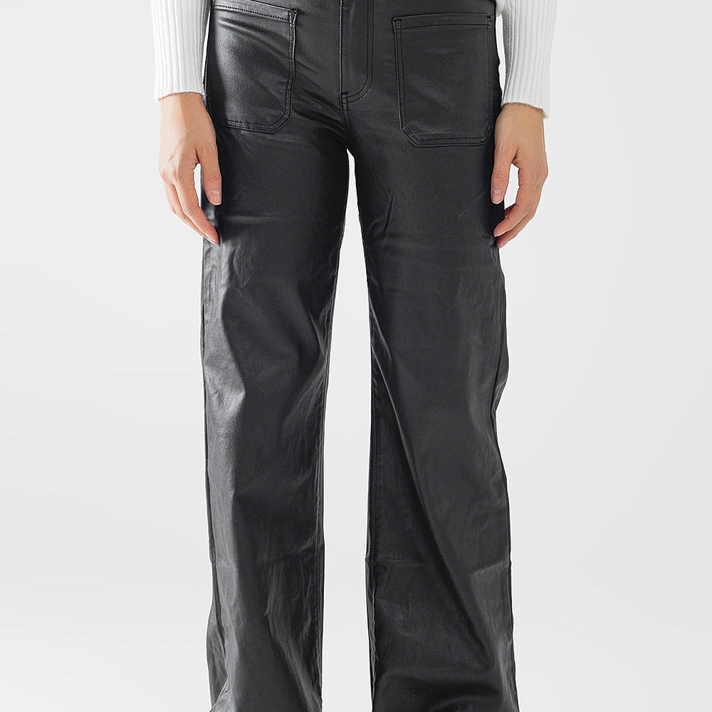 Faux Leather Pants With Wide Leg and Pocket Detail