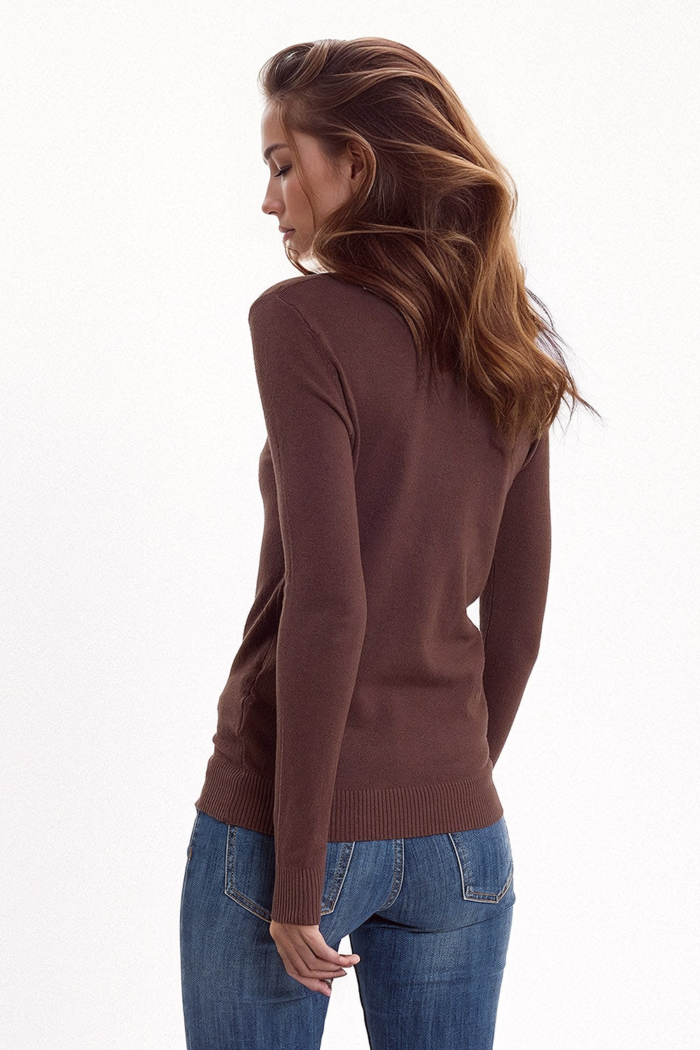 Fine Knit High Neck Jumper in Brown