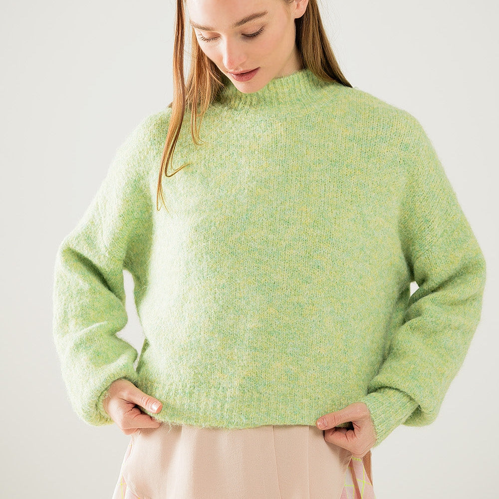 Fluffy Light Green Sweater With High Neck and Balloon Sleeves