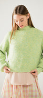 Fluffy Light Green Sweater With High Neck and Balloon Sleeves
