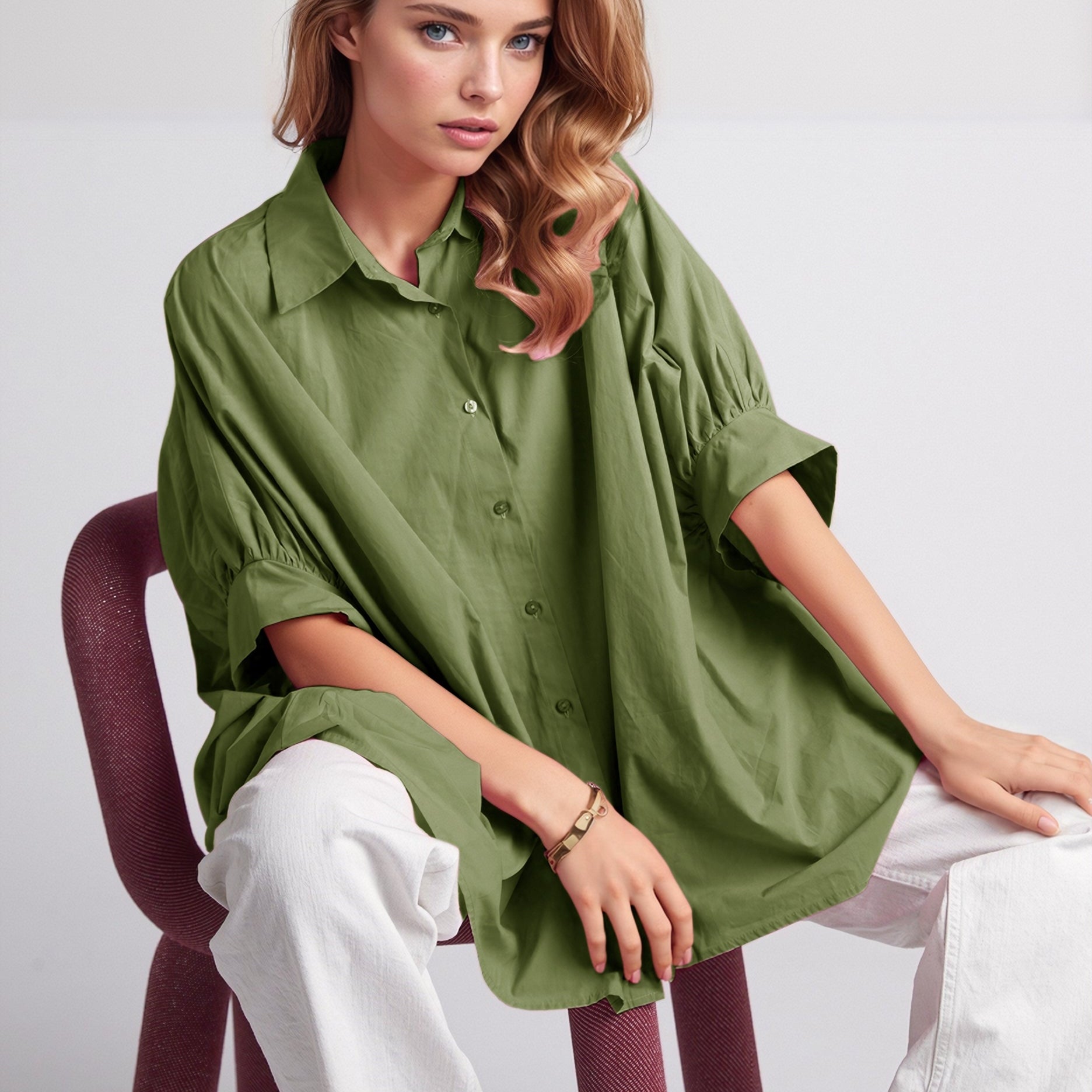 Green Oversized Blouse With Short Sleeve