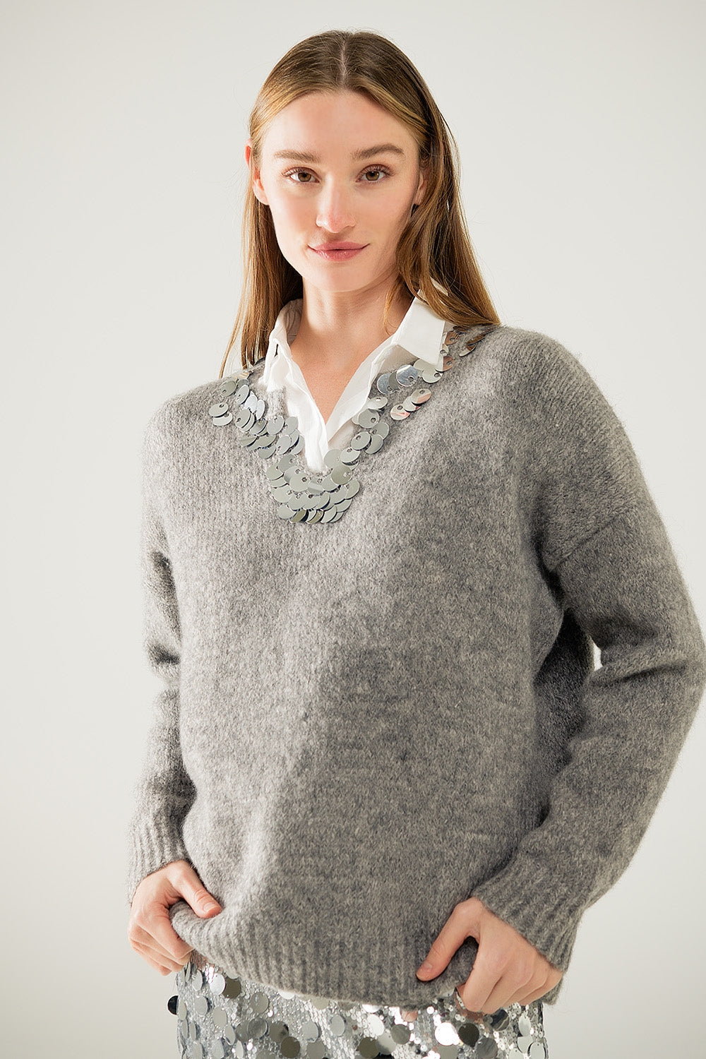 Grey V-Neck Sweater With Sequin Detail