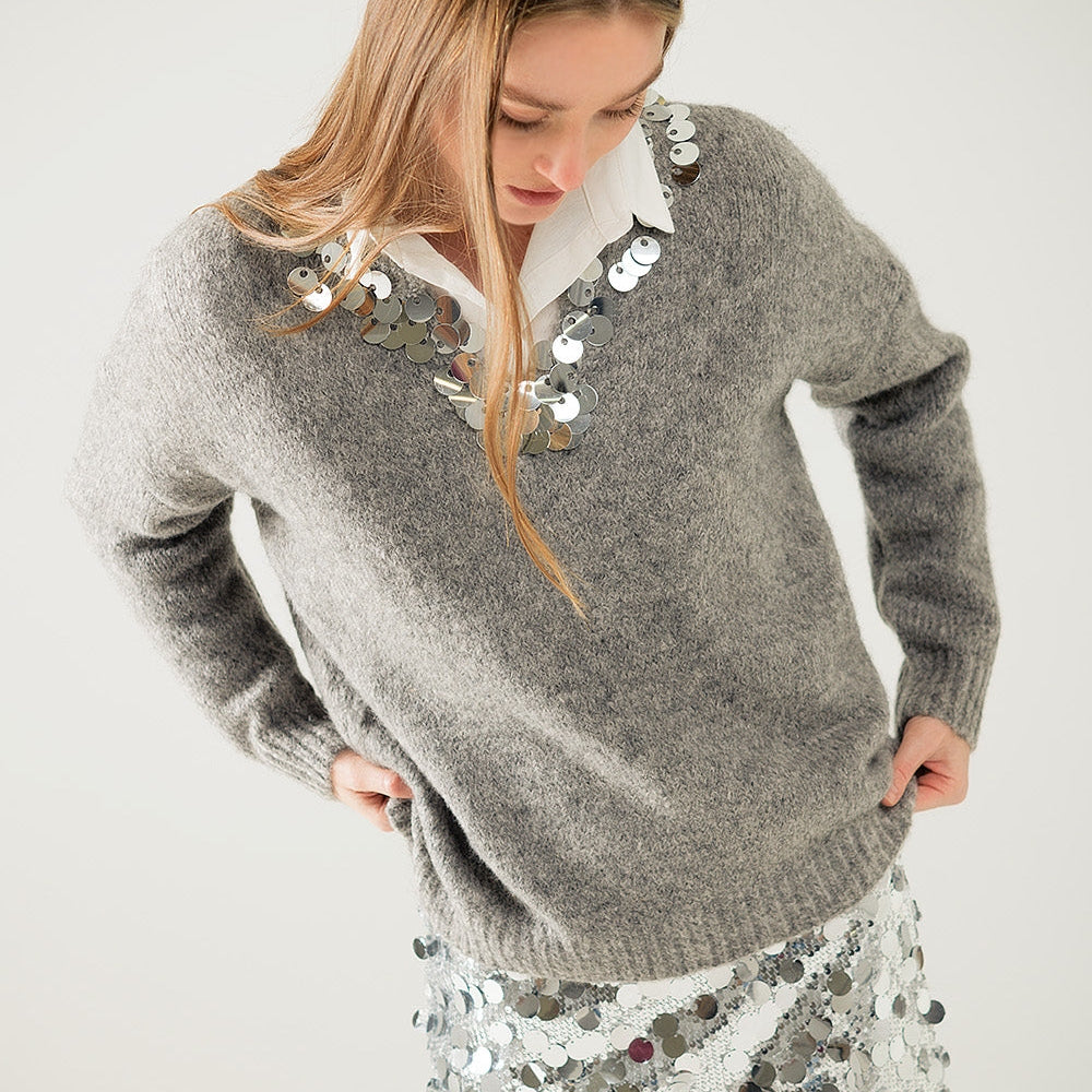 Grey V-Neck Sweater With Sequin Detail