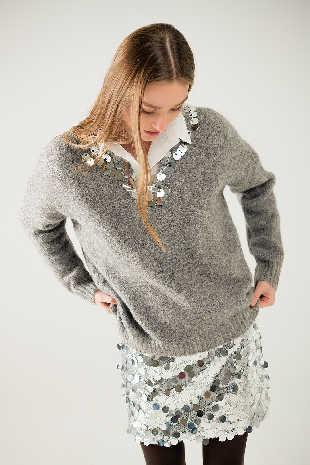 Grey V-Neck Sweater With Sequin Detail