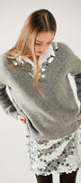 Grey V-Neck Sweater With Sequin Detail