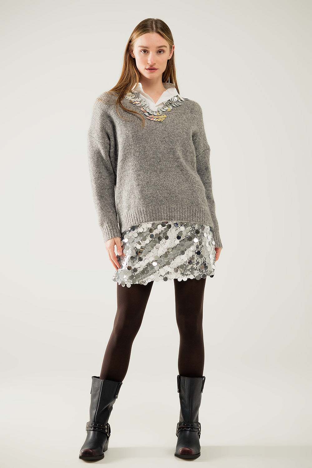 Grey V-Neck Sweater With Sequin Detail