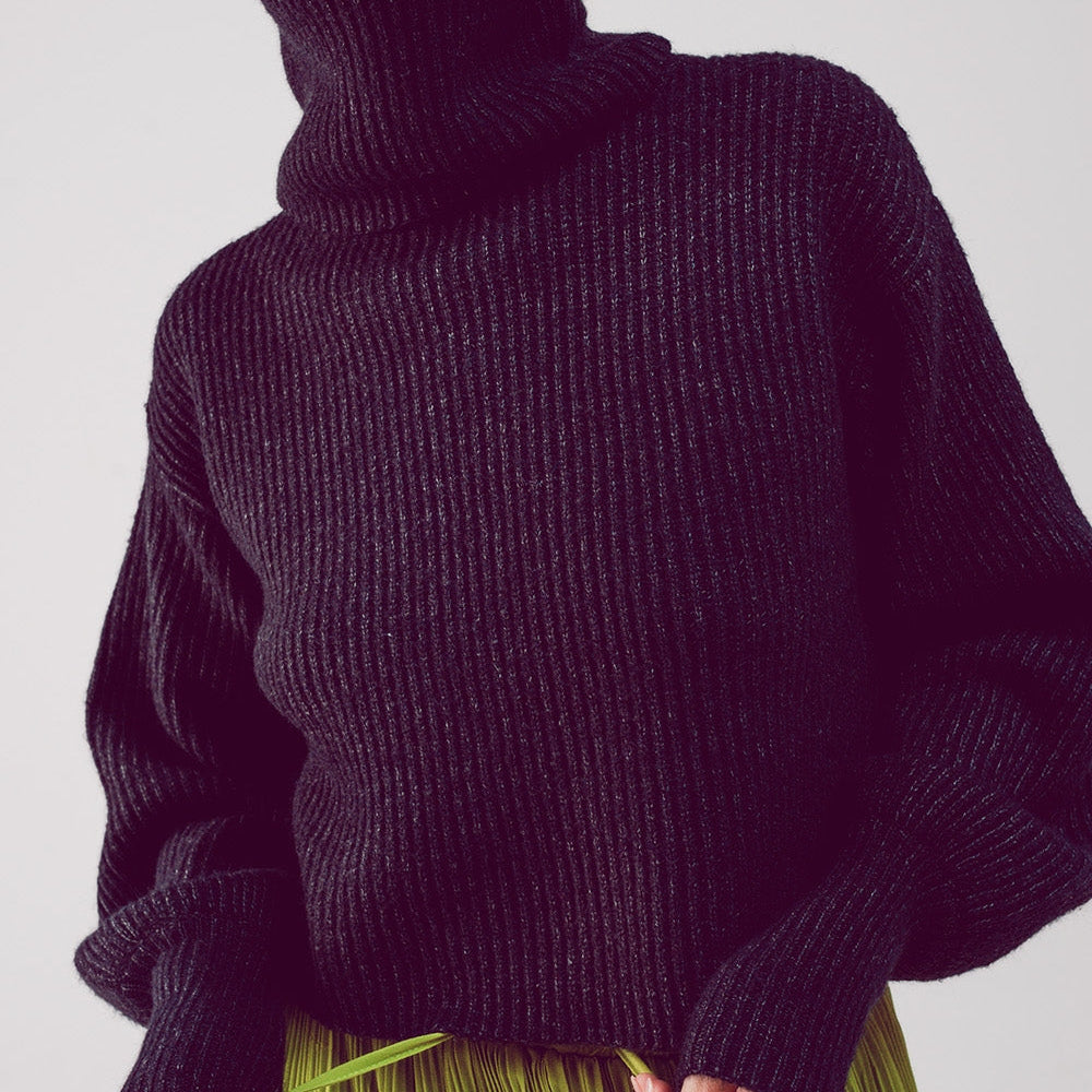 High Neck Jumper With Balloon Sleeve in Black
