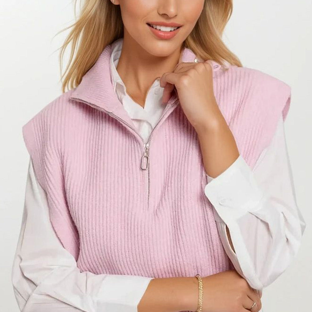 Knitted Vest With High Half-Zip Collar and Large Armholes in Pink