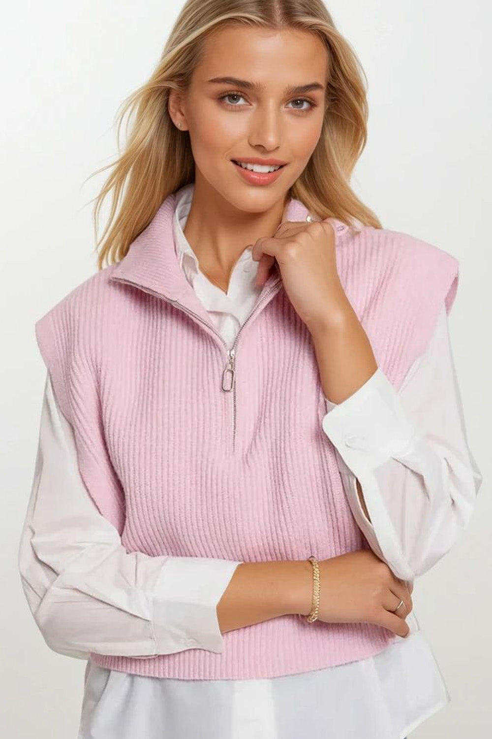 Knitted Vest With High Half-Zip Collar and Large Armholes in Pink
