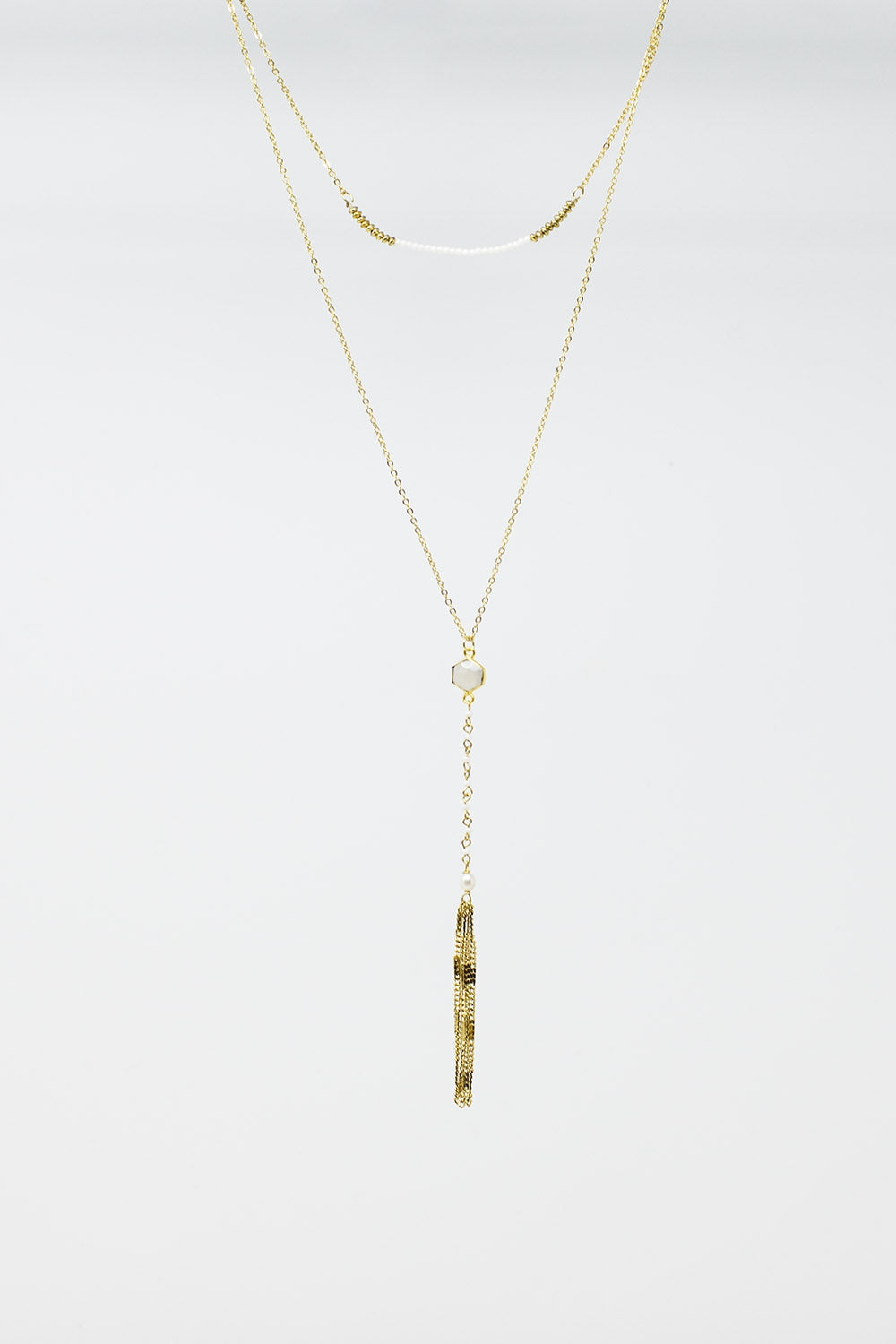 Long 2 in 1 Gold Necklace With Pearl and Mother of Shell Details