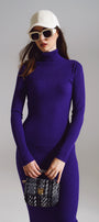 Midi Bodycon Knitted Dress With Turtle Neck in Purple