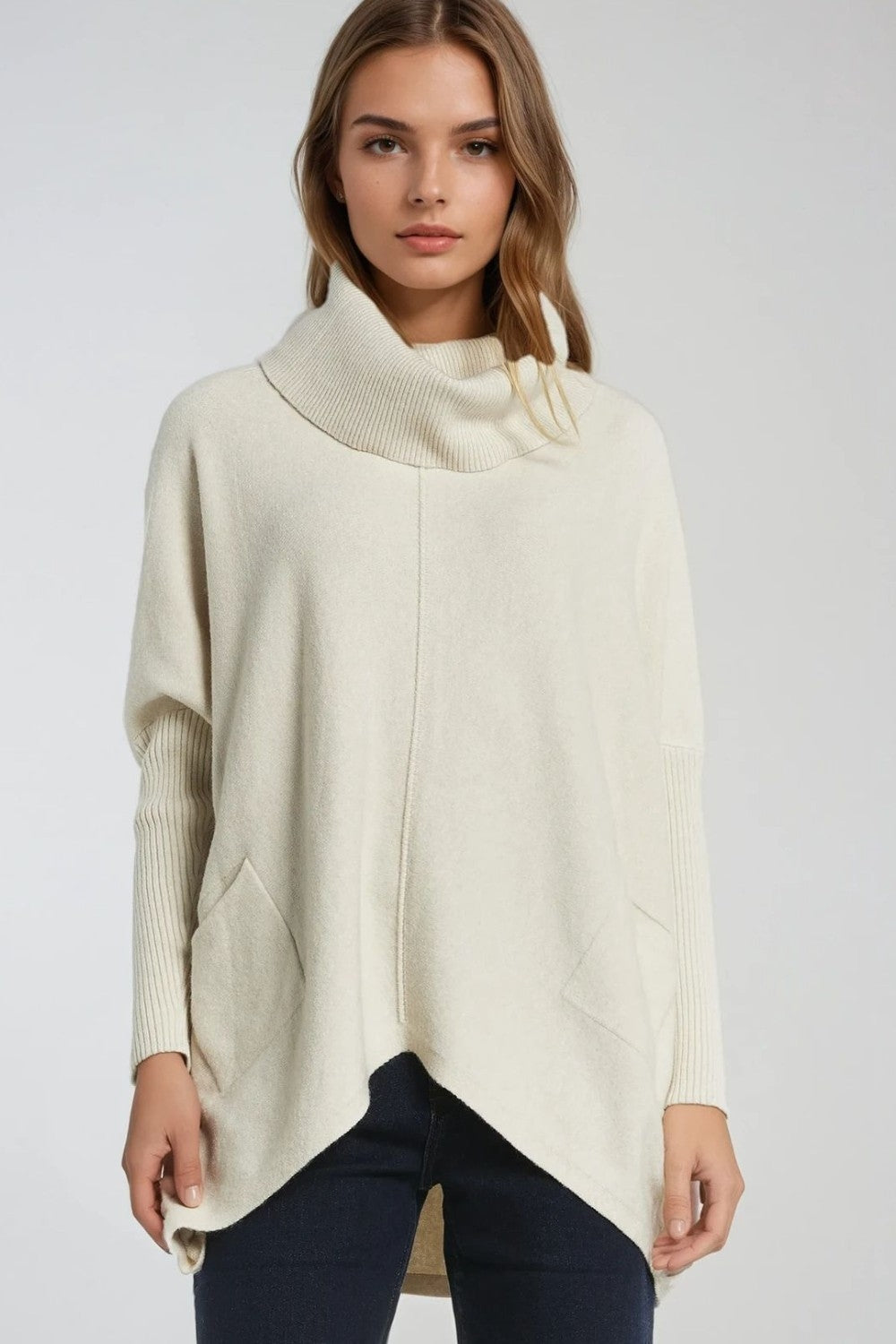 Oversized Beige Sweater With Front Pockets
