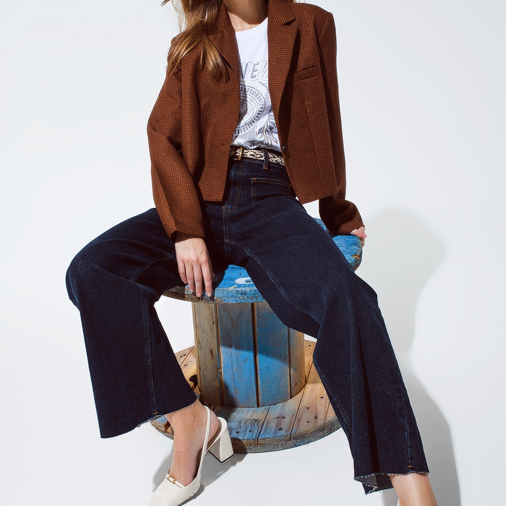 Oversized Cropped Blazer Vichy Design and Metallic Details in Brown