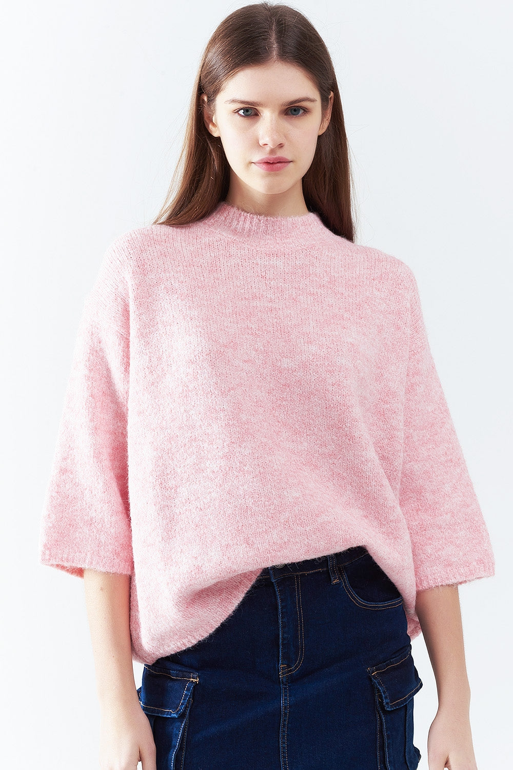 Pink Fluffy Sweater With Three-Quarter Sleeves and Round Neck