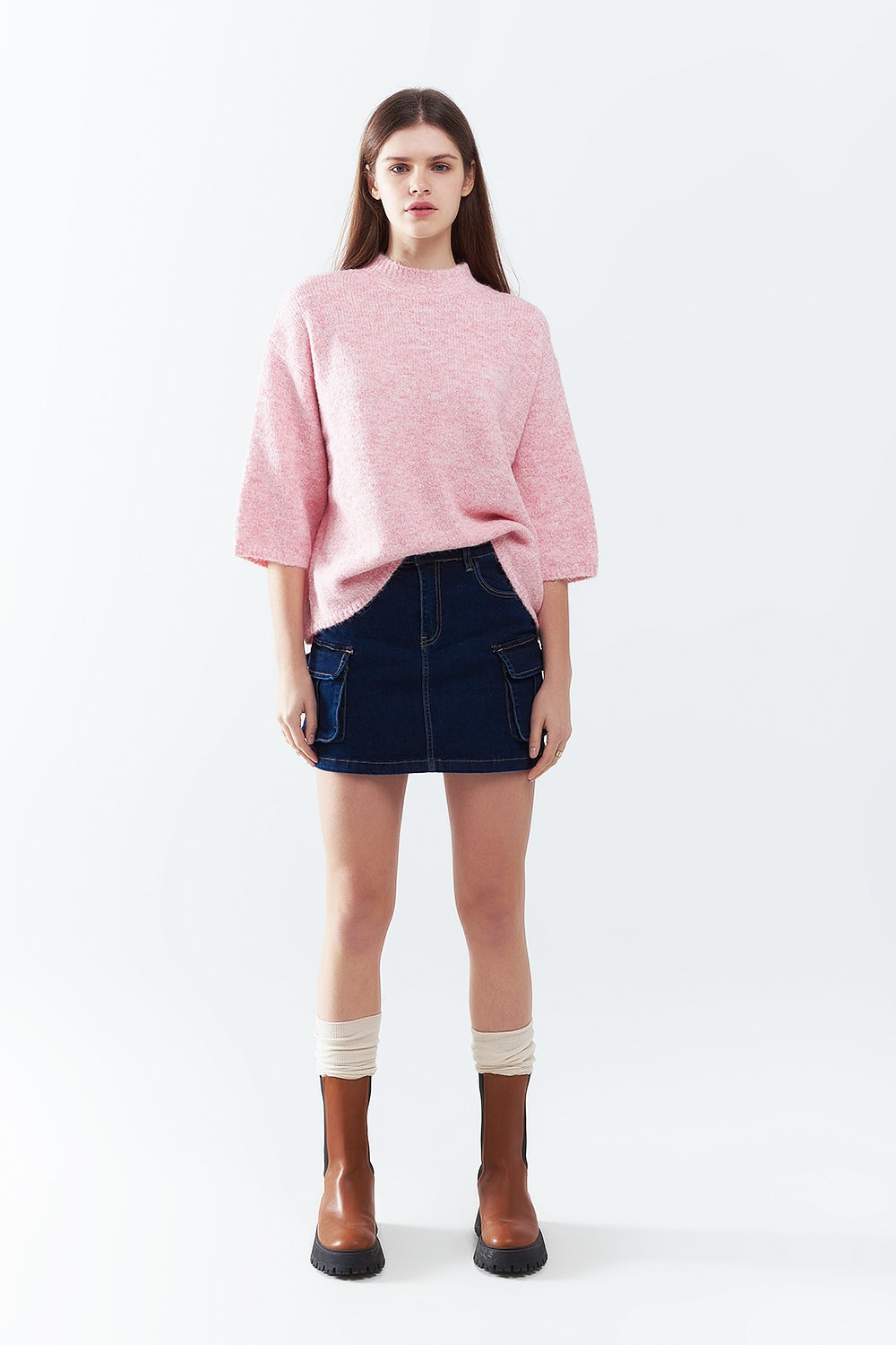 Pink Fluffy Sweater With Three-Quarter Sleeves and Round Neck