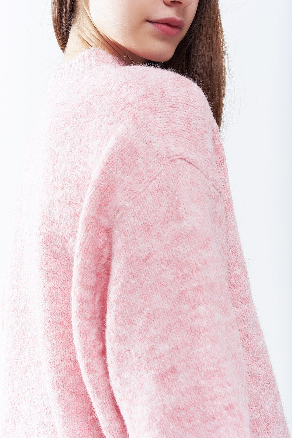 Pink Fluffy Sweater With Three-Quarter Sleeves and Round Neck