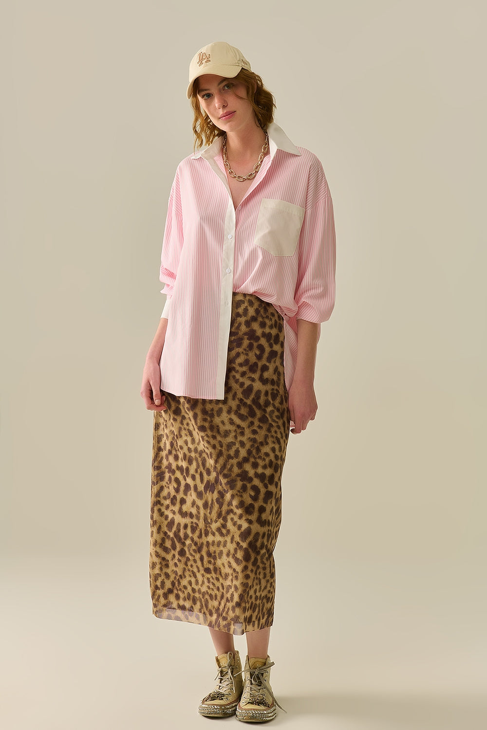 Pink Striped Shirt With Pocket and White Collar