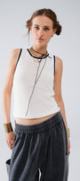 Pointelle White Sleeveless Top With Black and White Trim Detail