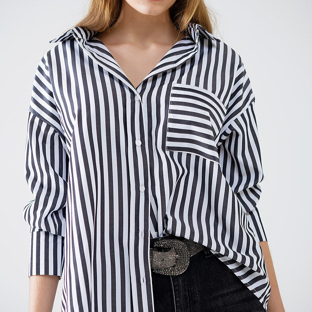 Poplin Shirt With Vertical Stripes in Black and Chest Pocket