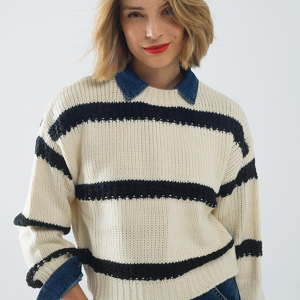 Relaxed Beige Jumper With Black Stripes