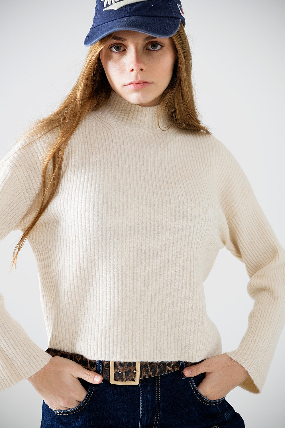 Relaxed Cream Ribbed High Neck Sweater
