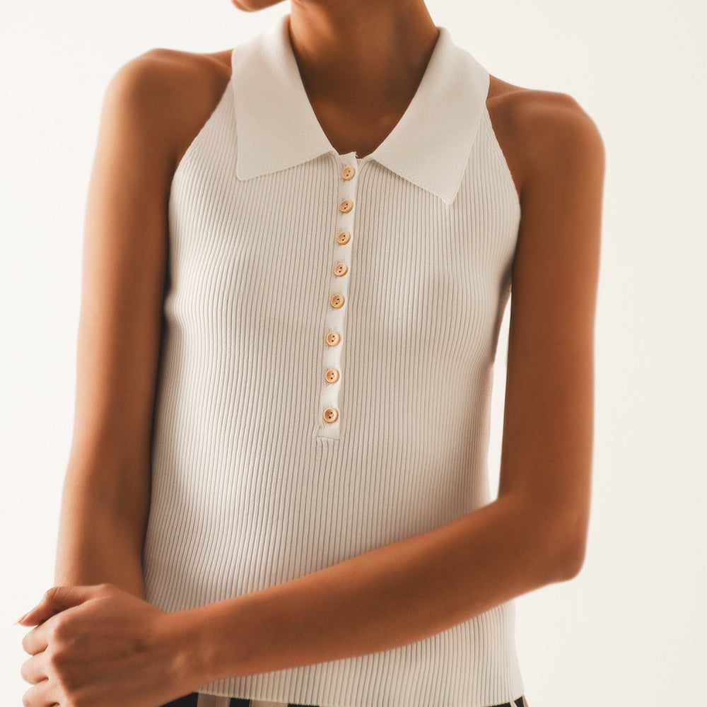 Ribbed Knitted Top With Polo Neck in Cream
