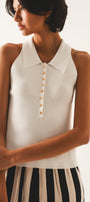 Ribbed Knitted Top With Polo Neck in Cream