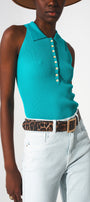 Ribbed Knitted Top With Polo Neck in Turquoise