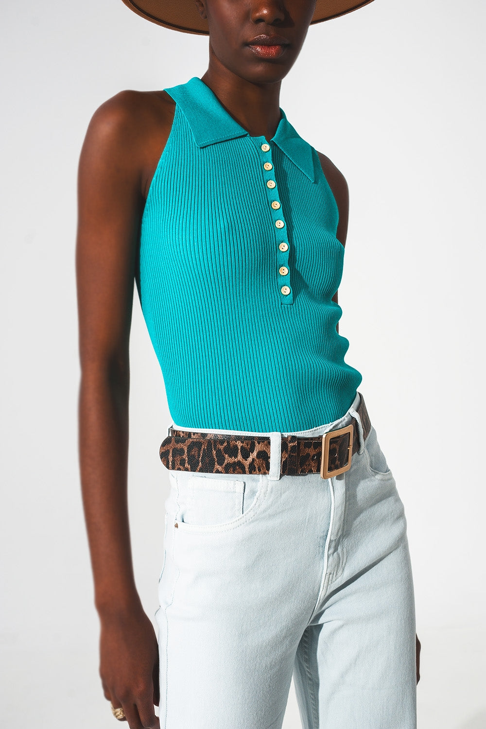 Ribbed Knitted Top With Polo Neck in Turquoise
