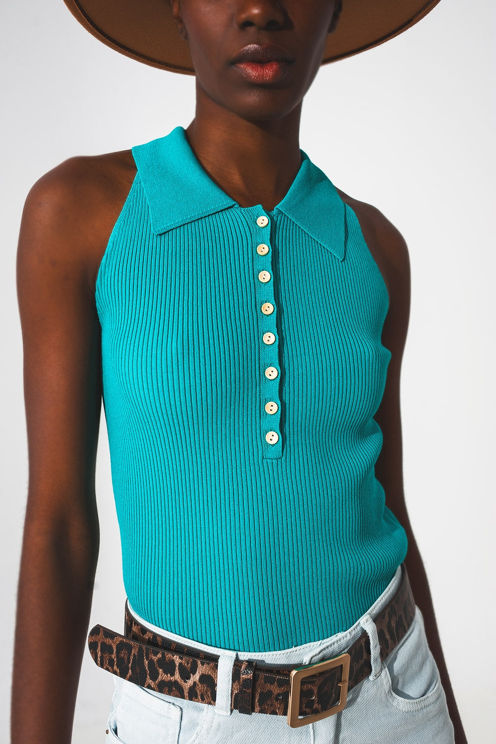 Ribbed Knitted Top With Polo Neck in Turquoise