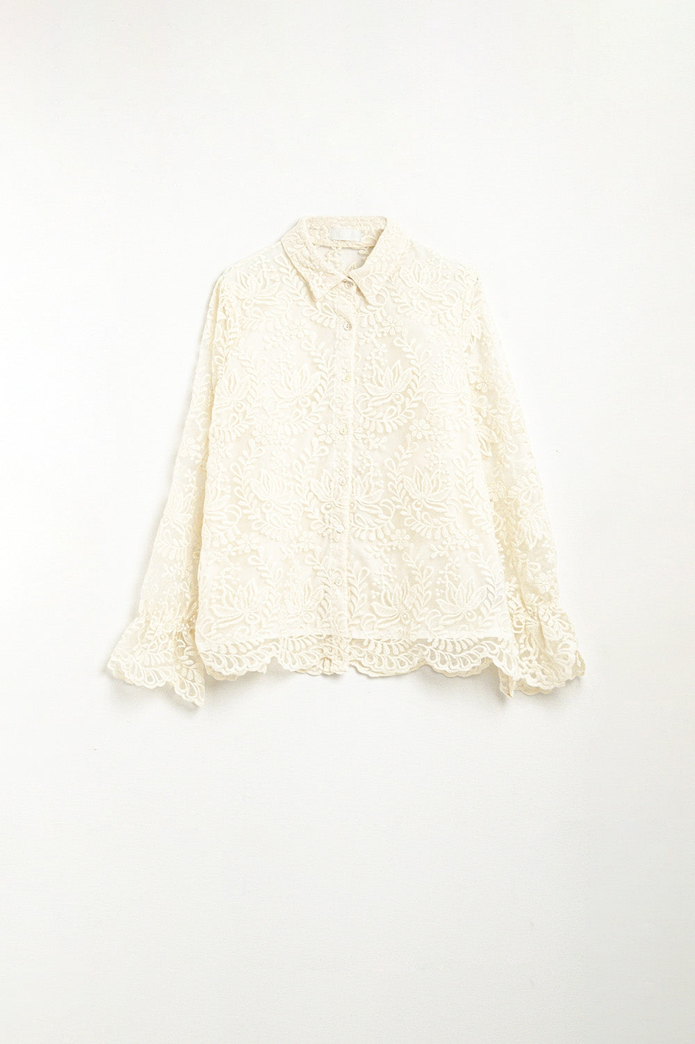 Romantic Beige Lace Shirt With Balloon Sleeves