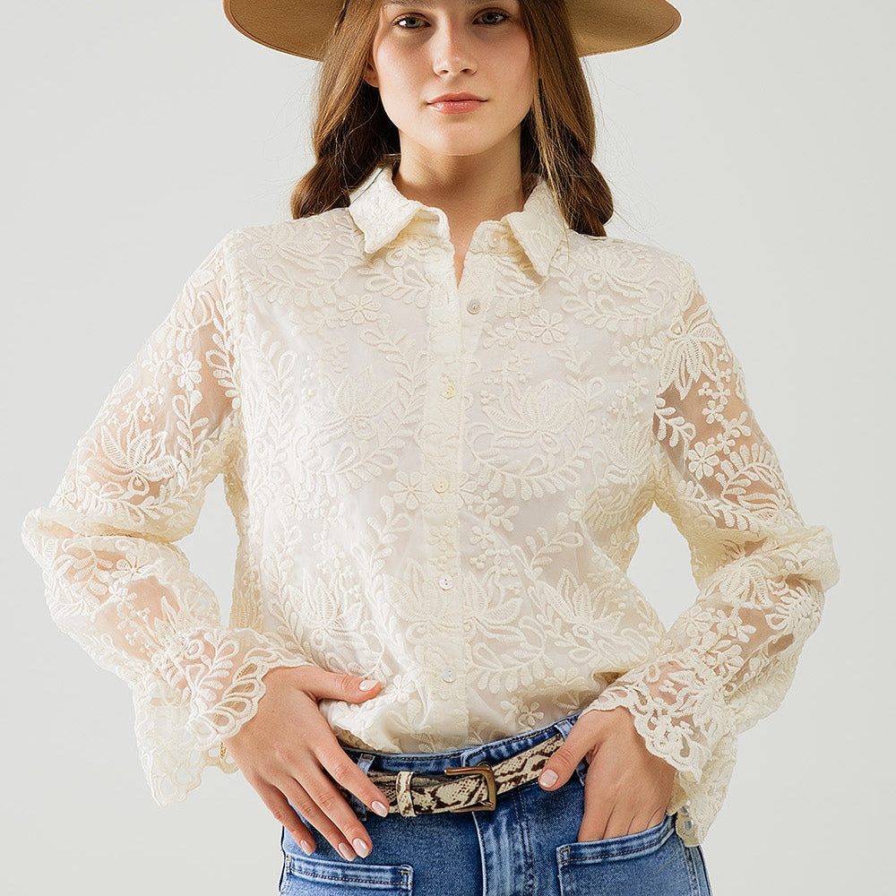 Romantic Beige Lace Shirt With Balloon Sleeves
