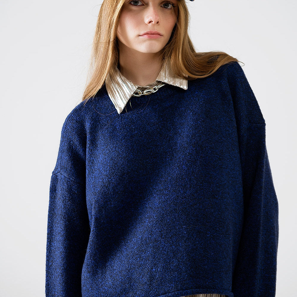 Soft Knit Navy Jumper With Balloon Sleeves