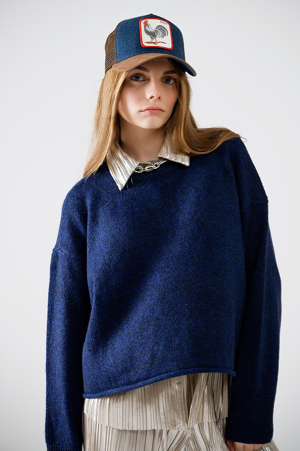 Soft Knit Navy Jumper With Balloon Sleeves