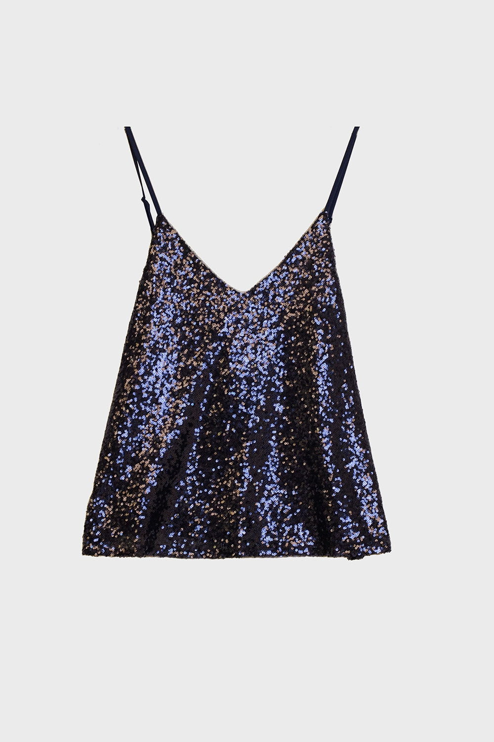Spaguetti Strap Top With Deep V-Neckline in Navy Sequins