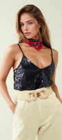 Spaguetti Strap Top With Deep V-Neckline in Navy Sequins
