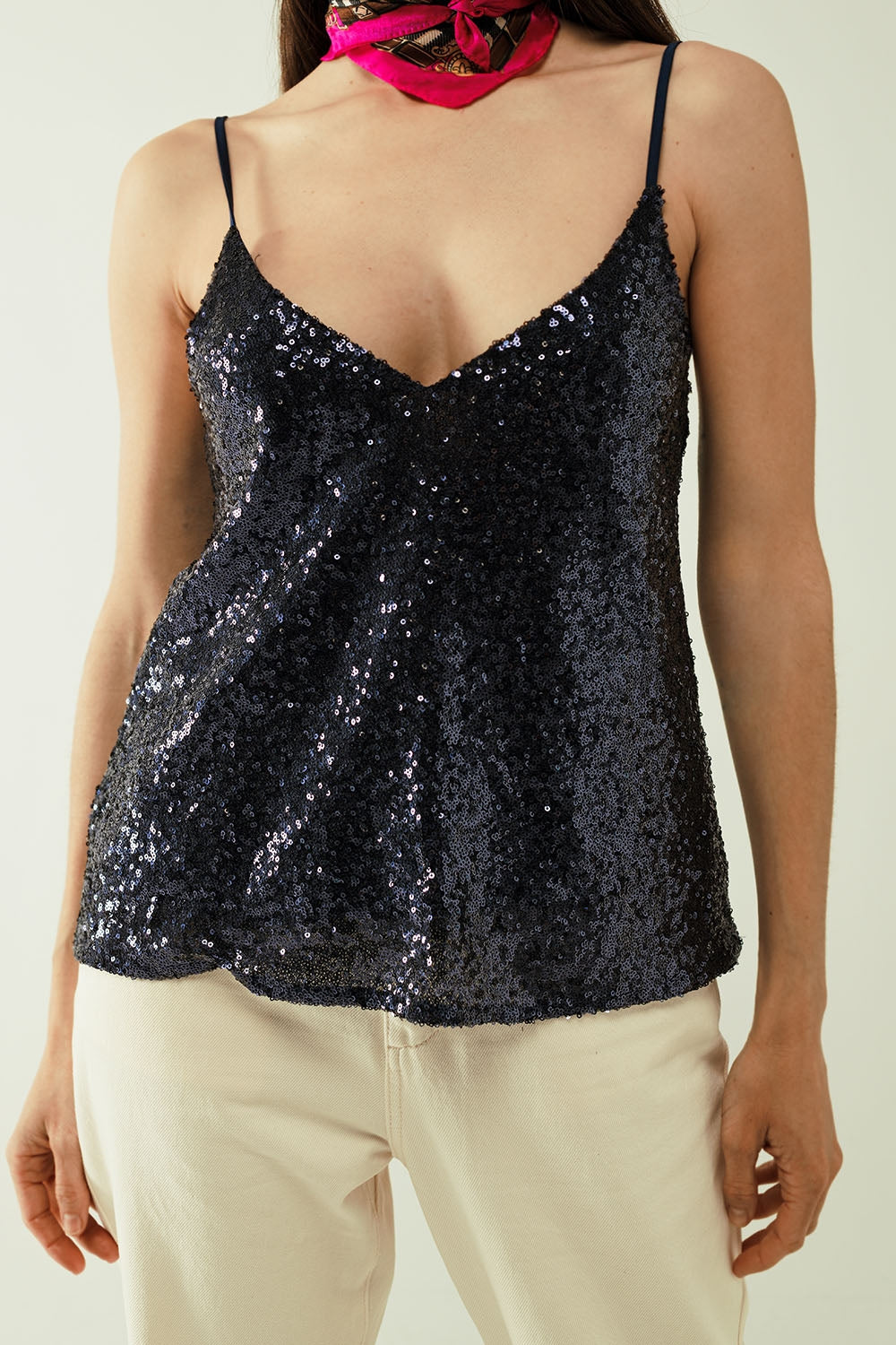 Spaguetti Strap Top With Deep V-Neckline in Navy Sequins