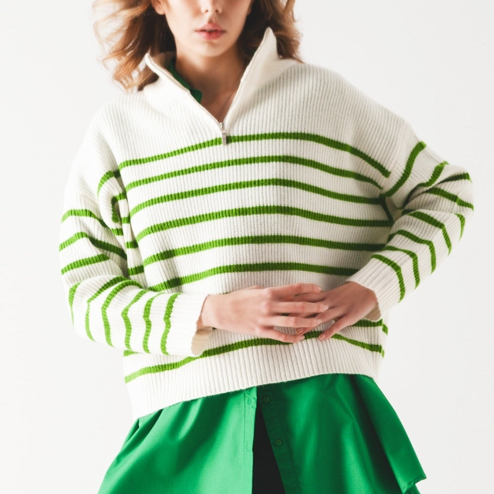 Striped Zip Up Collar Detail Sweater in Green