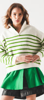 Striped Zip Up Collar Detail Sweater in Green