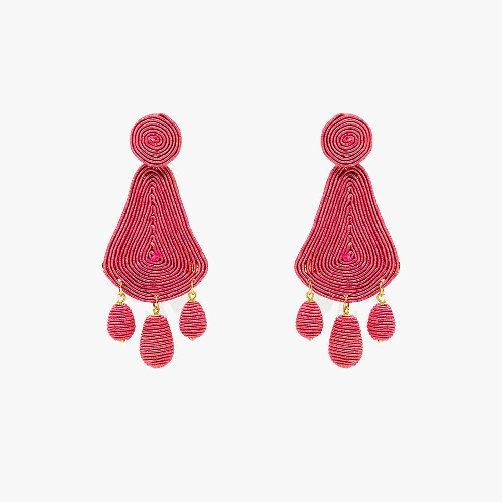 Tear Drop Rafia Earrings With Oval Beads in Fuchsia