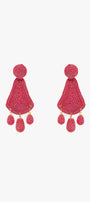 Tear Drop Rafia Earrings With Oval Beads in Fuchsia