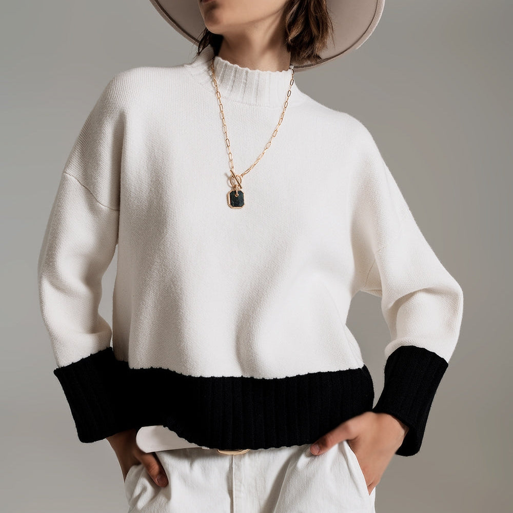 White Jumper With Black Ribbed Cuffs and Hem
