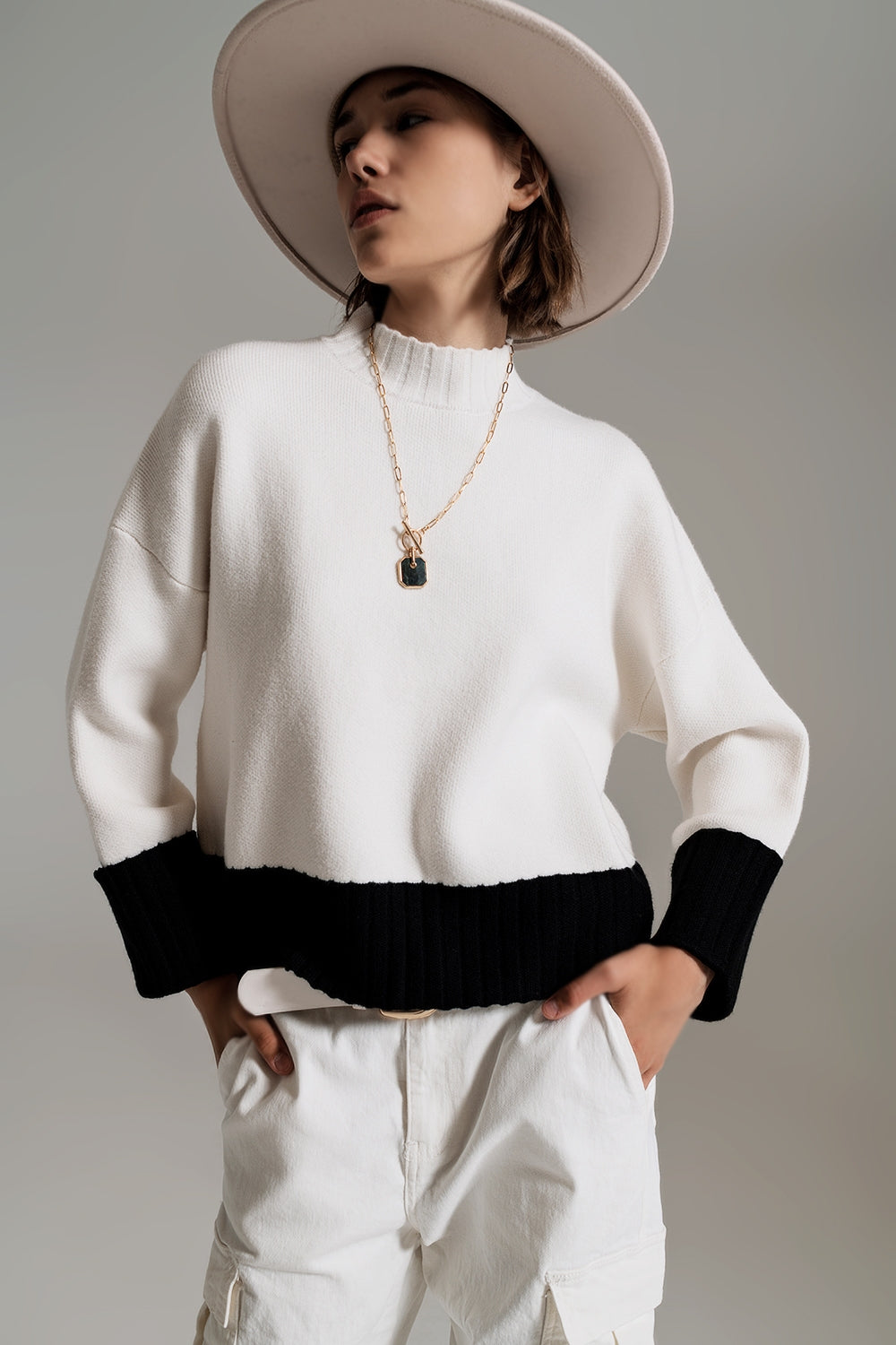 White Jumper With Black Ribbed Cuffs and Hem