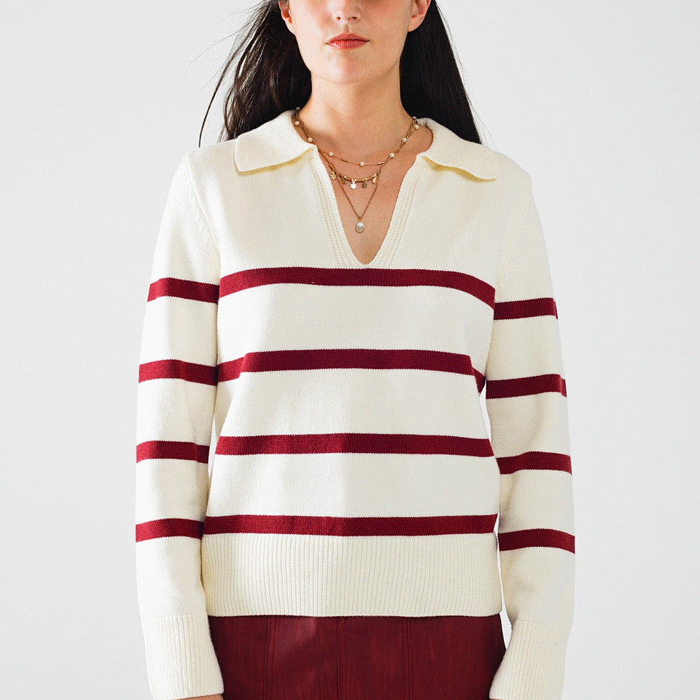 White Sweater With Dark Red Stripes and Wide v Neck