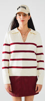 White Sweater With Dark Red Stripes and Wide v Neck
